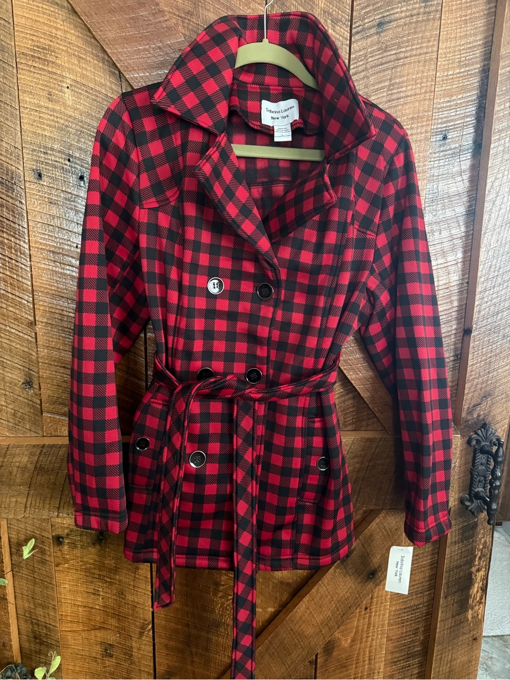 Wool-Blend Red Buffalo Plaid Belted Peacoat